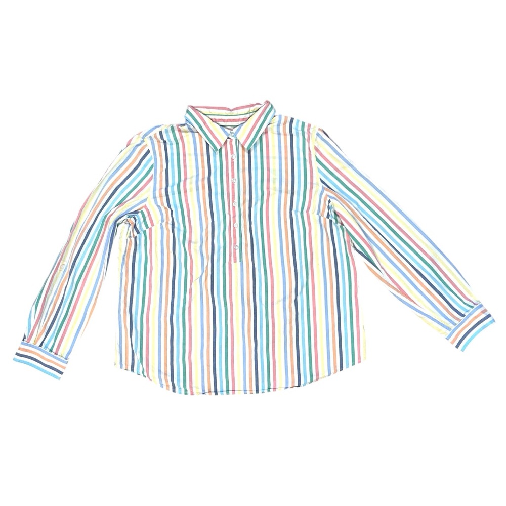 Talbots Rainbow Striped Long Sleeve Roll Tab Half Button Down Shirt Size Large